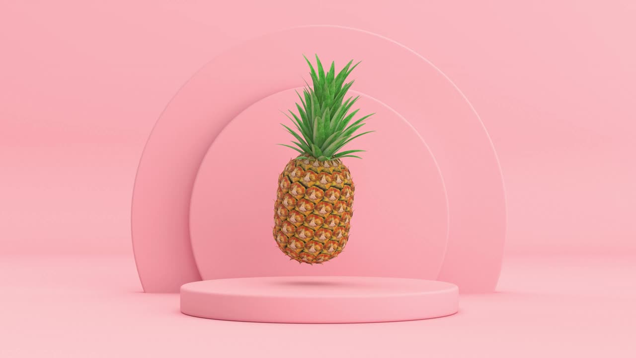 4k 해상도 비디오: 신선한 익은 열대 건강한 영양 파인애플 과일 분홍색 실린더 제품 위에 회전하는 분홍색 배경 루프 애니메이션에 무대 기단