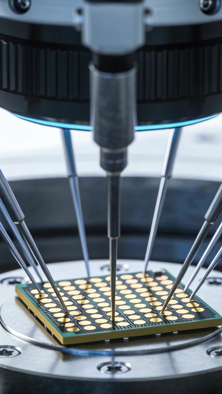 Video verticale: Sonde che si allineano e si abbassano all'inizio del test su un banco di prova, contattando i pad dorati del chip per il test.