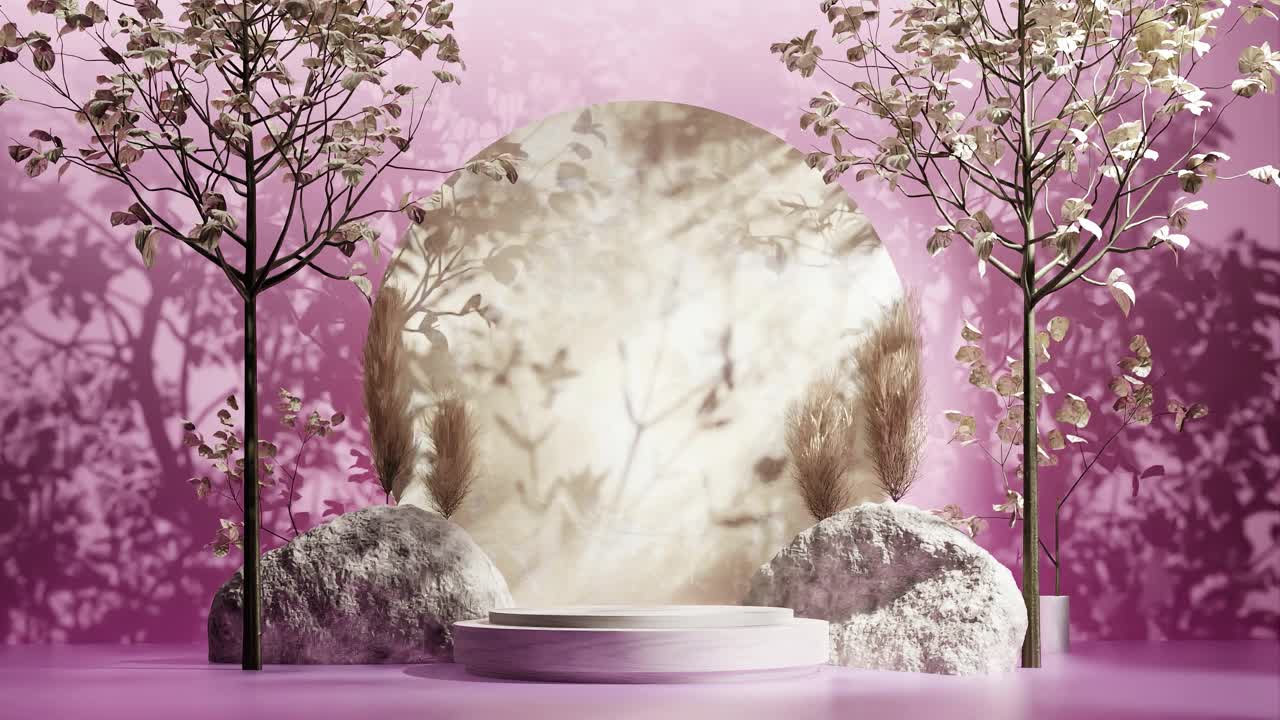 diseño de stand de exhibición de productos forestales con sombra de hojas de árboles en animación de renderización 3d, sitio web de comercio electrónico descuento de venta para productos naturales fondo rojo