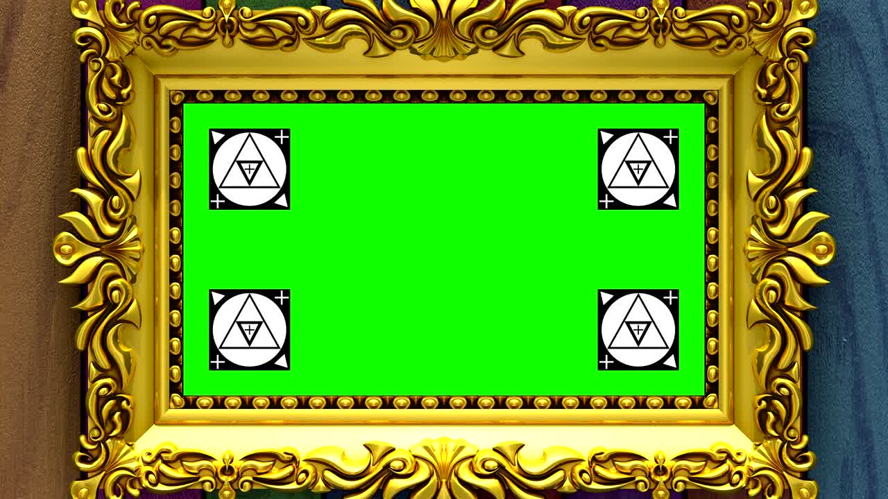 다채로운 나무 배경의 금색 그림 프레임에 카메라 을 니다. 모션 추적 마커와 녹색 화면이 포함되어 있습니다. 3d 애니메이션.