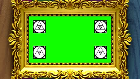 cámara zoom en el marco de la imagen de oro en el fondo de madera de varios colores. marcadores de seguimiento de movimiento y pantalla verde incluidos. animación 3d.