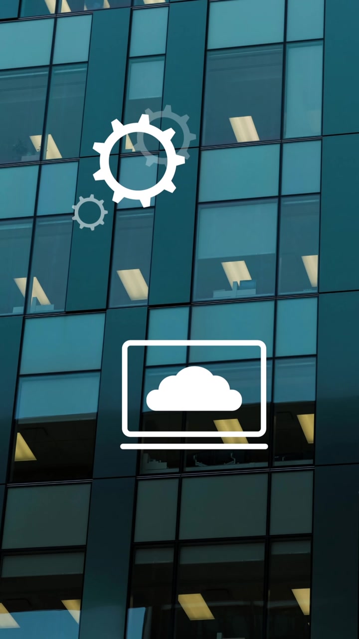Animation of multiple digital icons floating against tall building