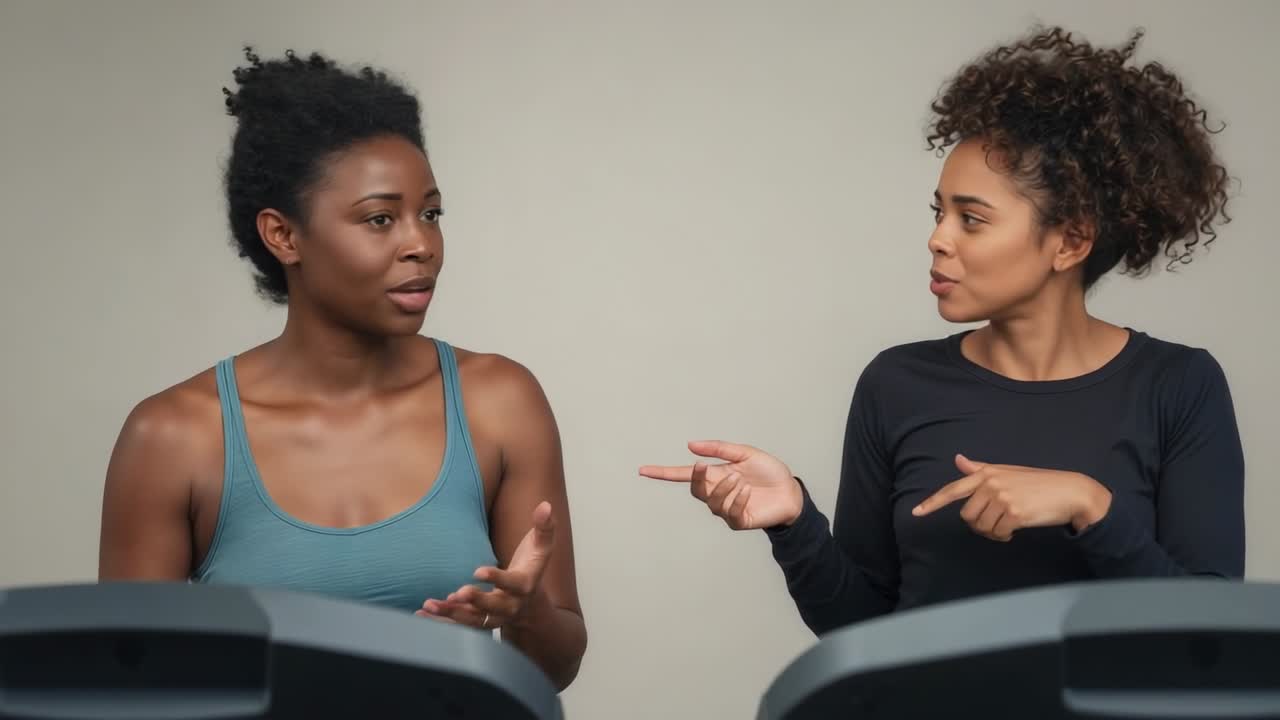 Une femme pointe vers la droite, entamant une discussion sur la posture avec son partenaire aux consoles de tapis de course de la salle de sport, vêtue d'une tenue de sport.