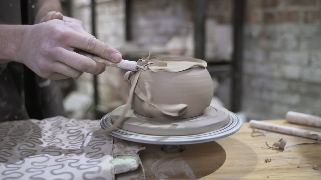 도자기 예술가 가 도자기 바 에 점토 그 을 형성 하고 있다