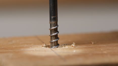 destornillador inalámbrico en cámara lenta tornillos en un perno de madera, toma macro épica