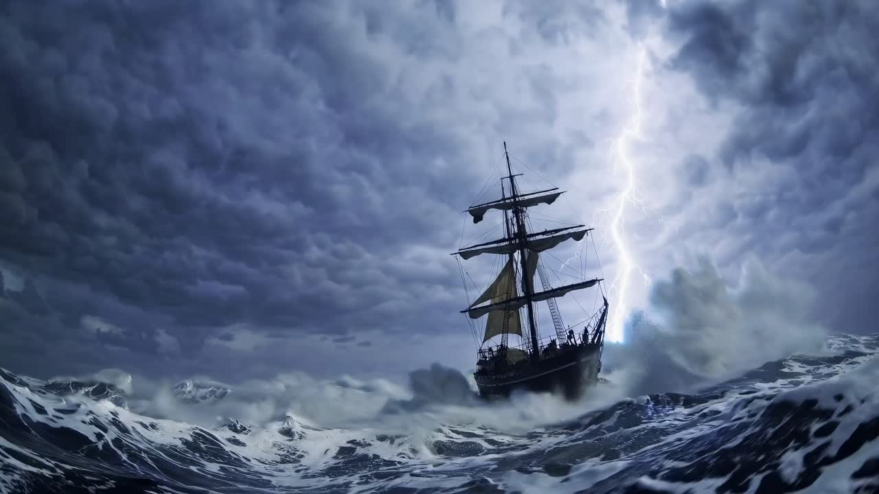 Dramatic video scene of a ship battling a stormy sea, captured from a low angle