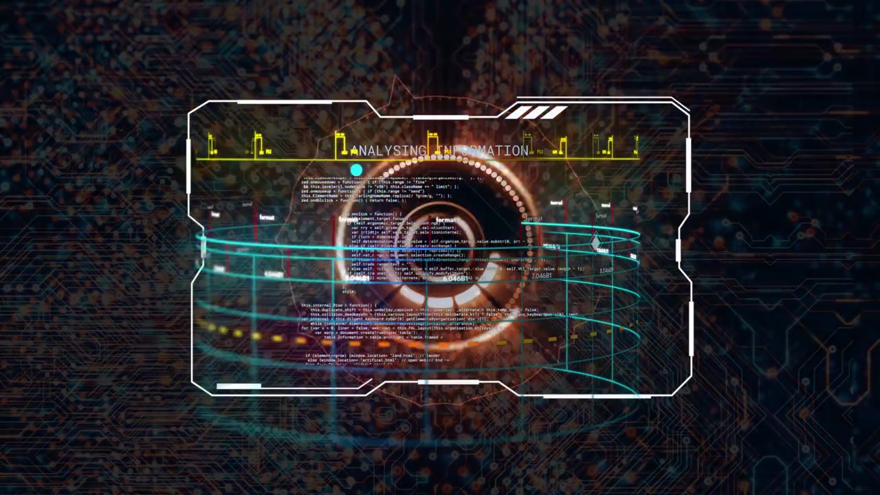 Boot pulse starting central iris rotating grids sweeping bars pulsing code scrolling to show status