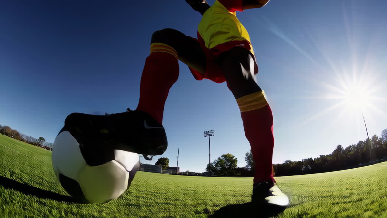 Jugador de fútbol dinámico demostrando habilidades y acción en un campo verde