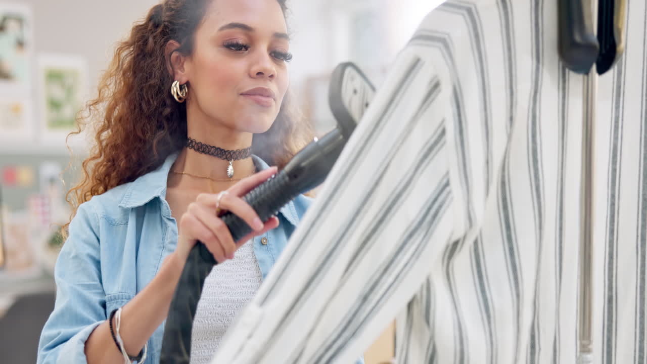 Shopping, fashion and woman steam clothes