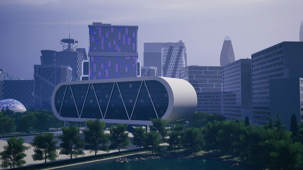 Modern architecture by the waterfront in a futuristic city at dusk