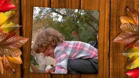 marco de hojas de otoño y pantalla que muestra a padre e hijo jugando con hojas de otoño en el bosque 4k