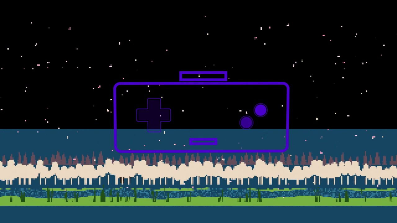 Inquadratura di due pad viola, D-pad che si forma svanendo, pulsanti che pulsano, che si riformano con glitch, mostrando un'atmosfera retrò.