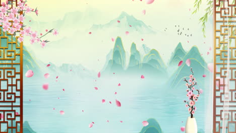 dark green mysterious landscape china's traditional oriental digital art animation, chinese retro painting ink misty mountain with flowers, tree, birds,in fog background
