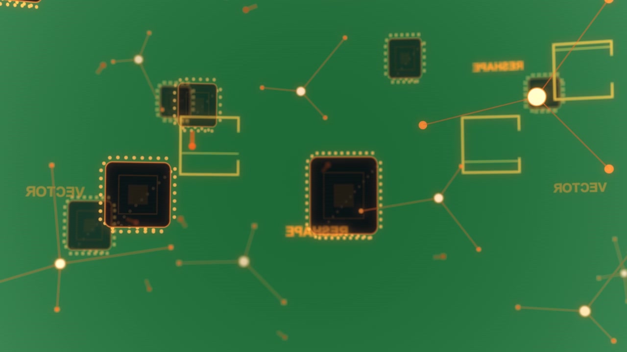 Inclinazione della telecamera che mostra chip che derivano, con un chip centrale che scala pulsando per mostrare la rete su sfondo trasparente