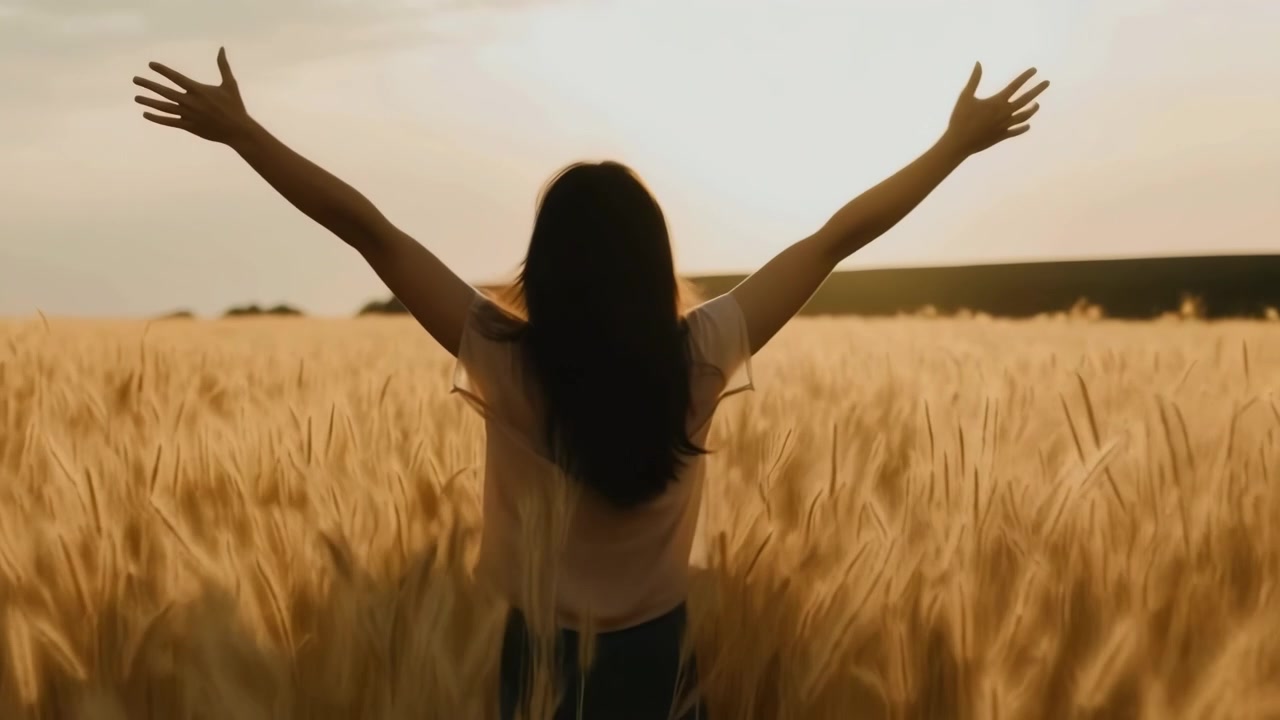 Mujer joven con los brazos extendidos en un campo de trigo dorado al atardecer