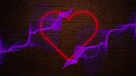 digital animation of purple digital waves over neon red heart icon against brick wall