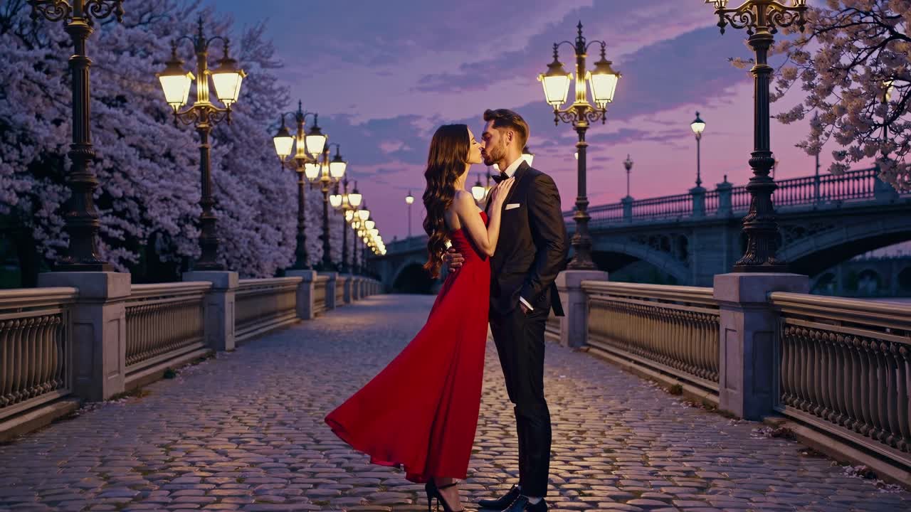 Romantická večerní scéna s párem na dlážděném mostě, záběr z nízkého úhlu.