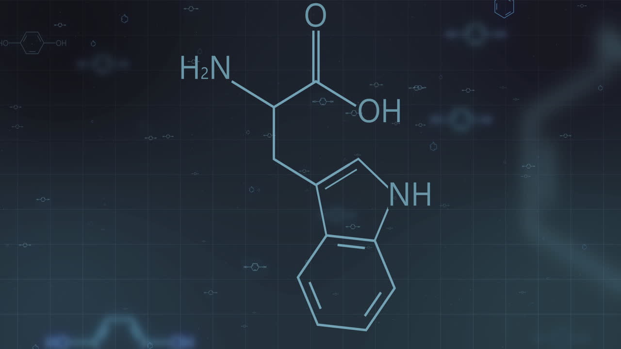 어두운 배경에 화학 공식의 구조의 애니메이션