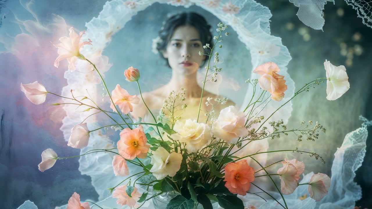 Ritratto etereo di donna circondata da fiori