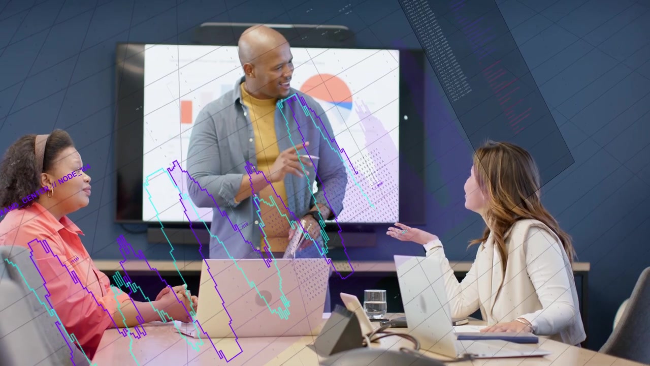 Right side woman starting gesture, standing man replying, animated charts aiding business agreement