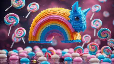 colorful rainbow pinata with lollipops and candies