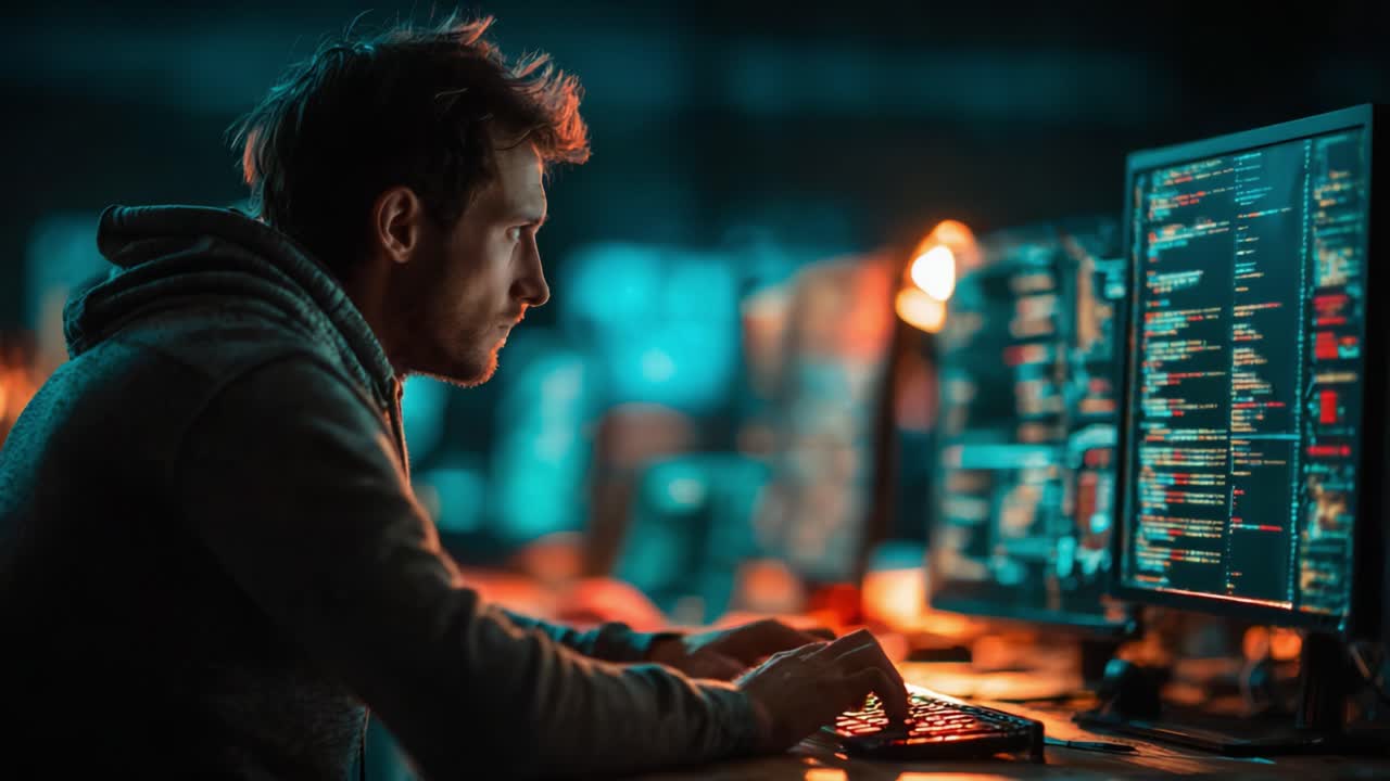 Focused Programmer Analyzing Complex Code Lines in a Dimly Lit Workspace, Illuminated by the Glow of Multiple Computer Displays Filled with Data Analytics