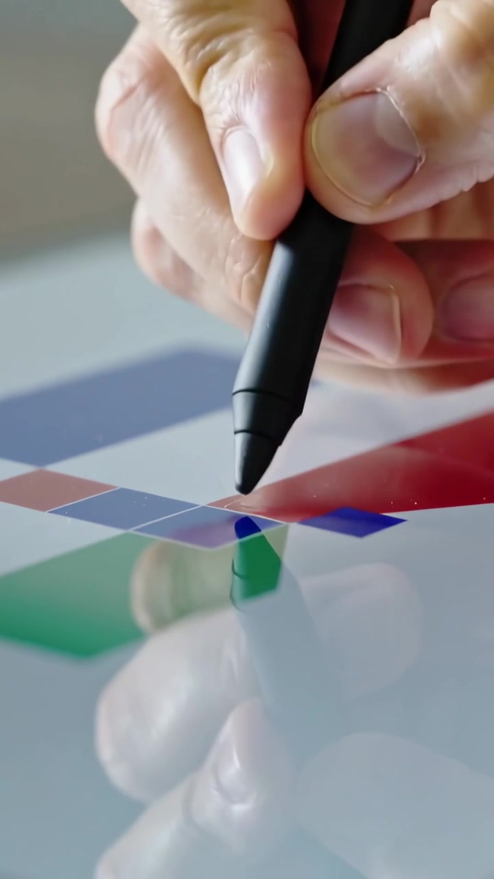Video verticale: Mano che tocca e tiene uno stilo nero, riempiendo una griglia di colori sullo schermo, creando un motivo