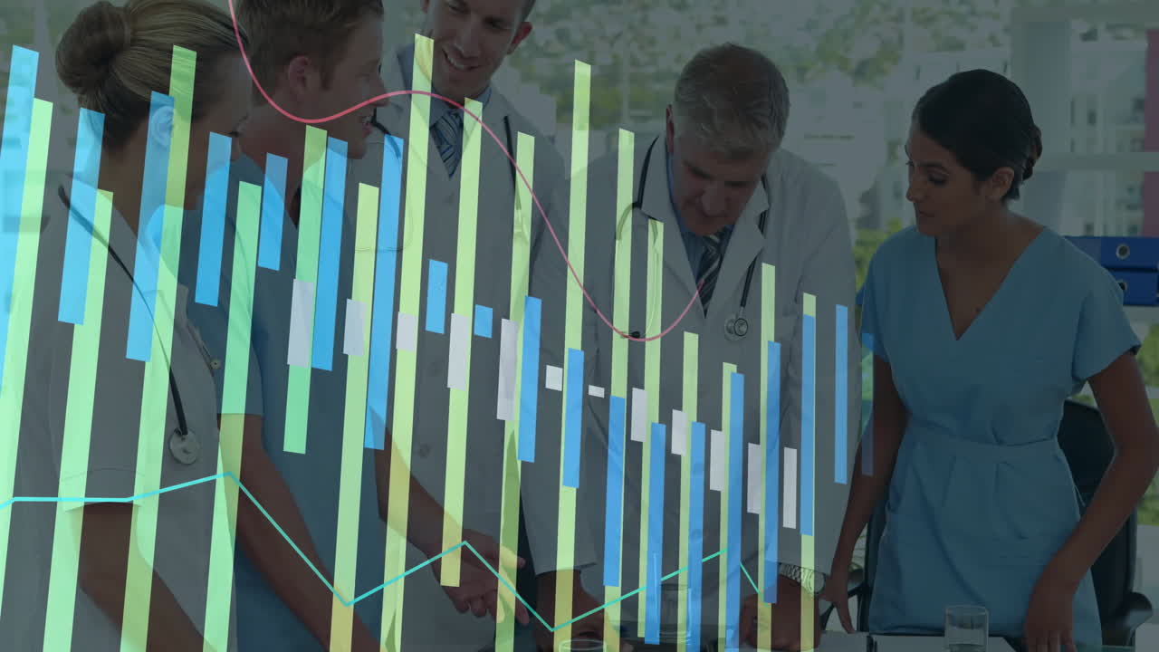 Medical team analysing patient data in clinic room, featuring animated bar charts and line graphs
