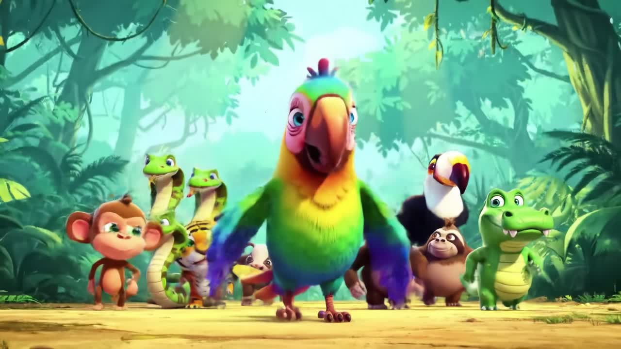 A Colorful Adventure Unfolds in the Jungle as a Vibrant Parrot Leads a Group of Whimsical Animal Friends Through a Lush and Enchanting Environment