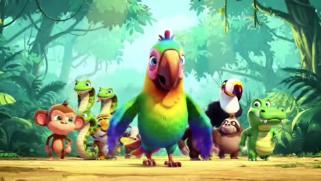 a colorful adventure unfolds in the jungle as a vibrant parrot leads a group of whimsical animal friends through a lush and enchanting environment
