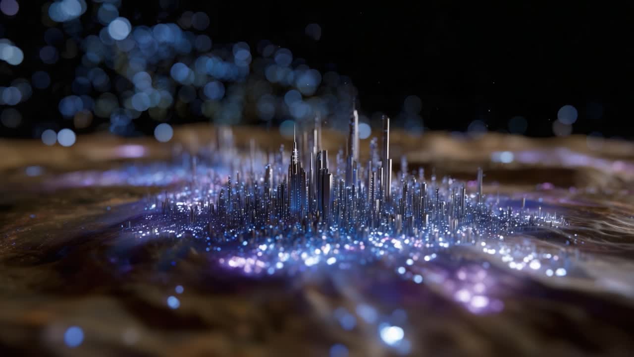 Una straordinaria esplorazione di un paesaggio urbano futuristico che emerge da un panorama cosmico, caratterizzato da luci scintillanti e strutture intricate in un'esperienza visiva ipnotica