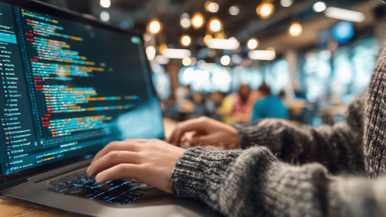 Focused Programming Session at a Cozy Coffee Shop: Engaging in Coding and Creative Problem Solving with a Laptop Surrounded by a Warm Atmosphere