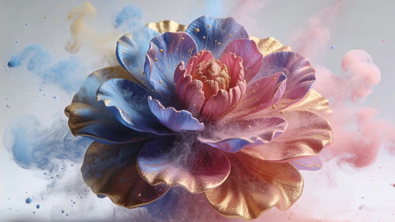 Pennacchi di polvere che eruttano, grande scultura floreale che cambia colore in studio con pagliuzze d'oro.