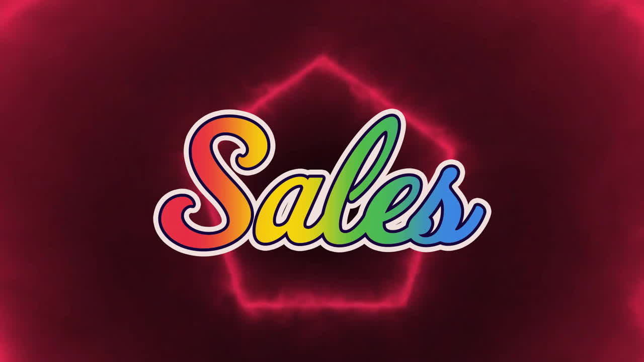 Animation of sales text in colourful letters over coloured hexagons changing on dark background