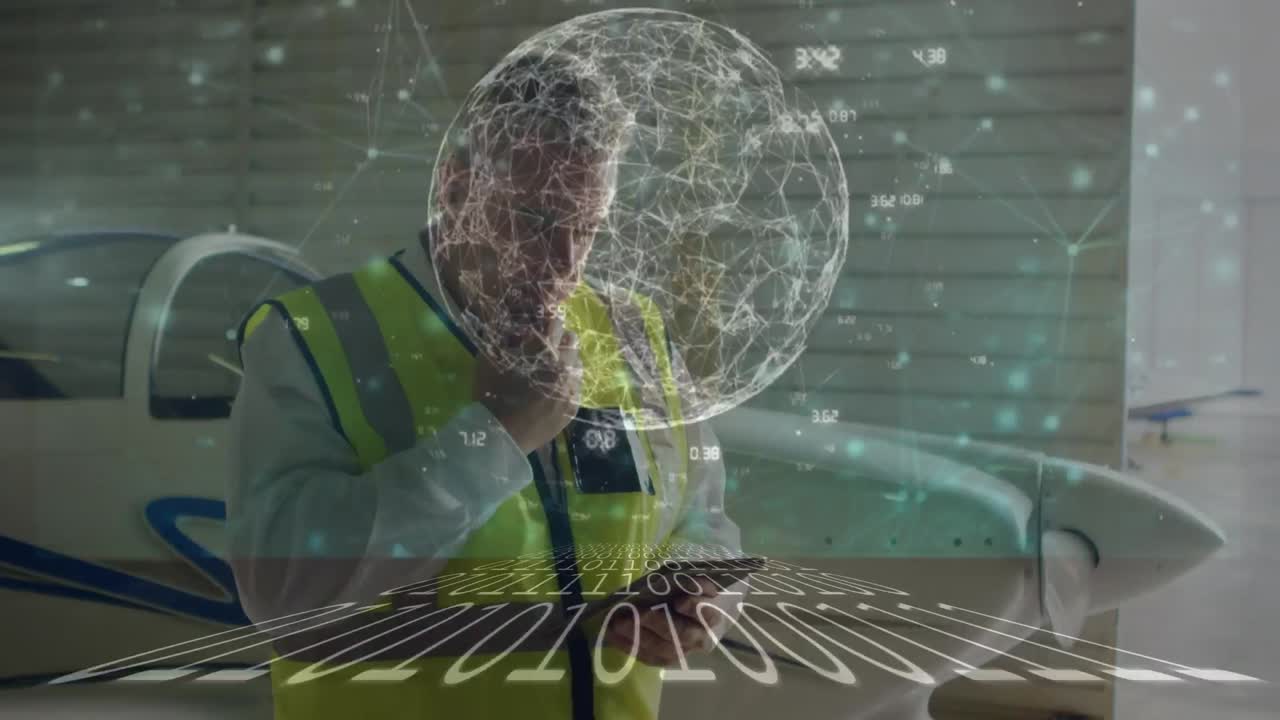 Animation of data processing over caucasian male worker using tablet