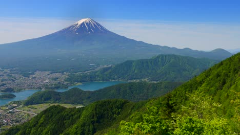 mt. fuji and lake kawaguchi seen from the fresh green shindo pass