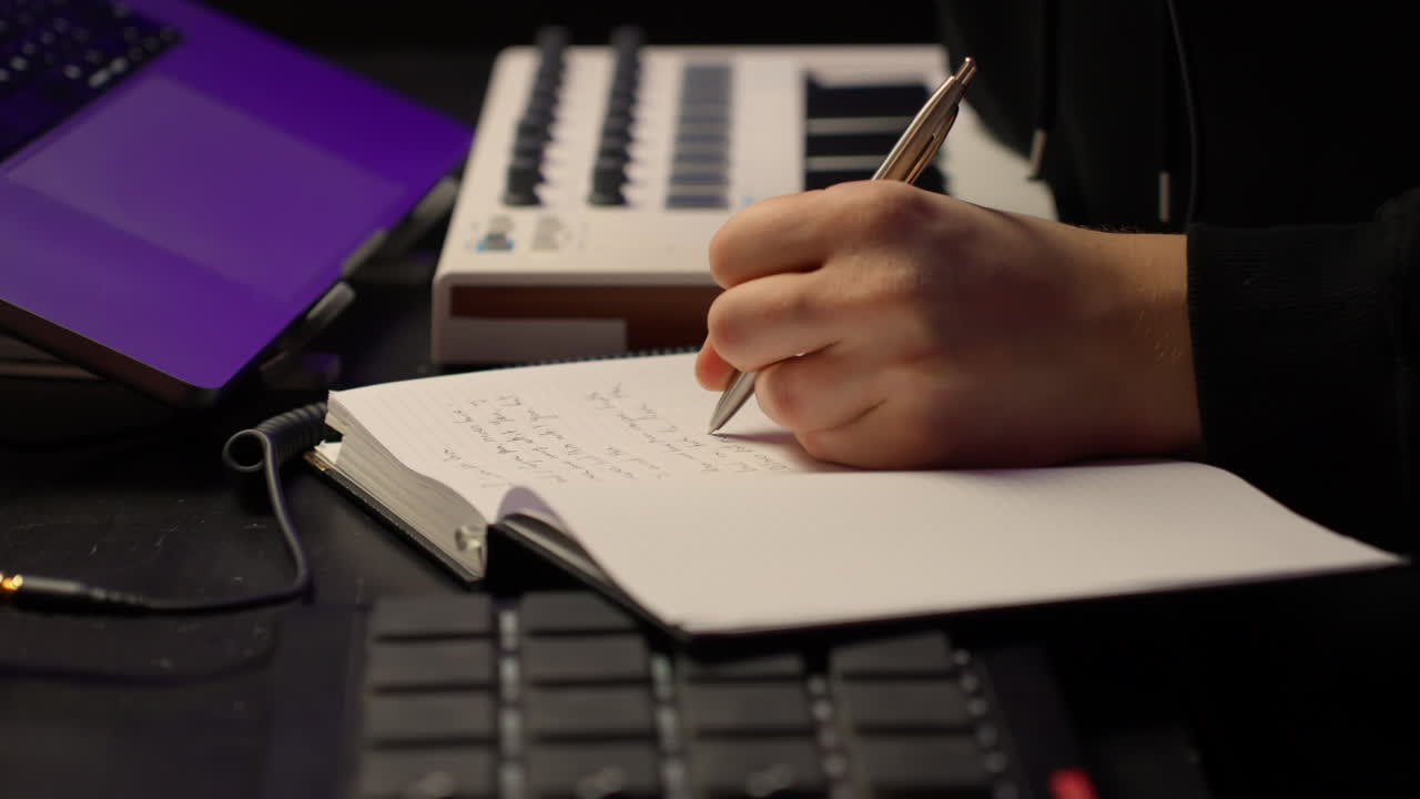 Hand writing notes with a pen in a notebook on a workspace, composing new music, lyrics, or creative content with daw laptop and midi keyboard controloler in background