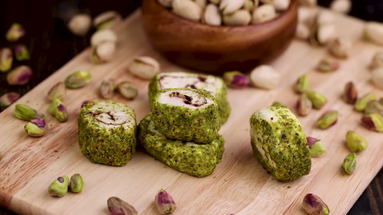 poner delicias turcas frescas con pistachos triturados y chocolate en una tabla