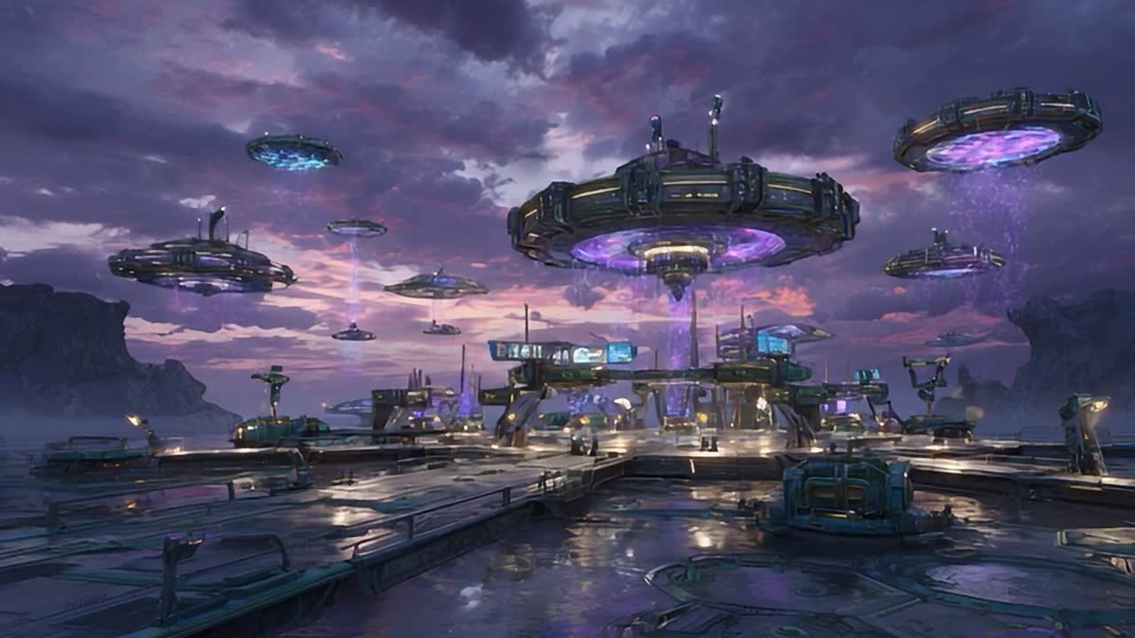 Futuristic cityscape with hovering structures at twilight hour