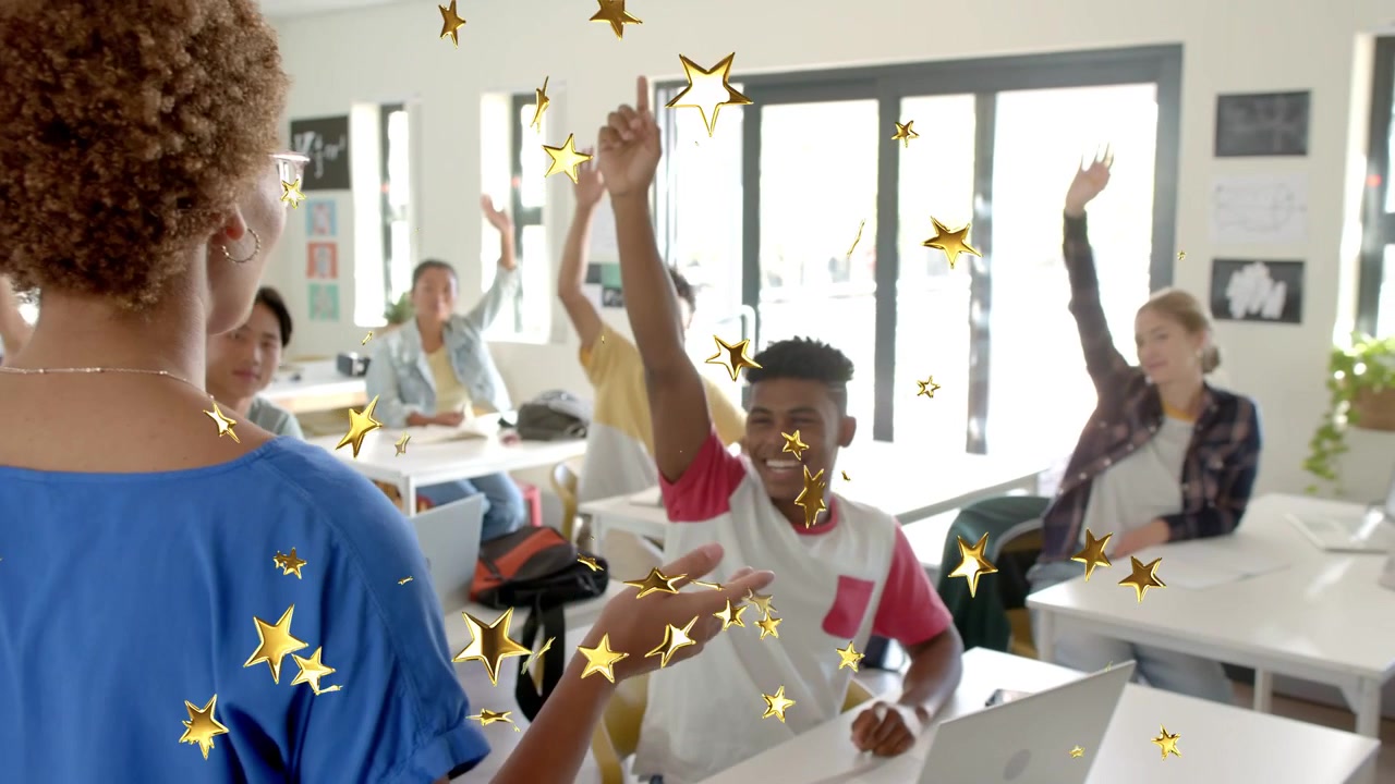 Vertical video: Teacher asking in class, gold stars across frames, front teen raising hand, typing
