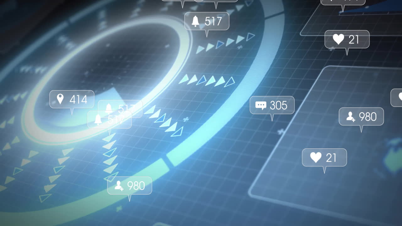 Animation of digital interface with social media notifications and data analytics
