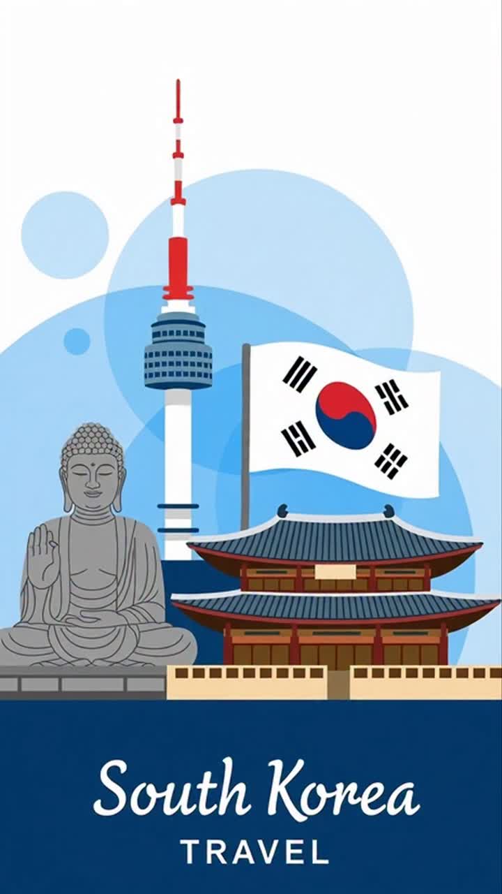 South Korea Travel Poster With Buddha Tower And Flag