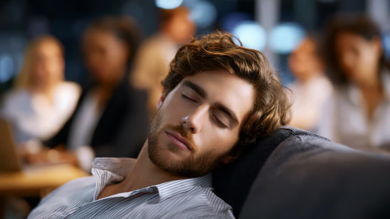 A Relaxed Young Man Enjoying a Peaceful Moment of Sleep on a Couch While Surrounded by Busy Professionals Engaged in Work and Conversations in a Lively Office Environment