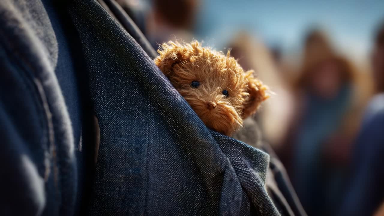 A Cuddly Companion: This Adorable Stuffed Animal Peeks Out from a Pocket, Radiating Warmth and Charm, Capturing the Hearts of Onlookers in a Busy Environment