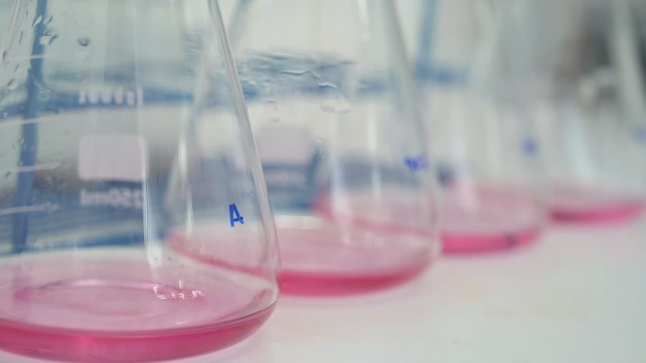 Flask container with pink liquid in a laboratory for chemical testing