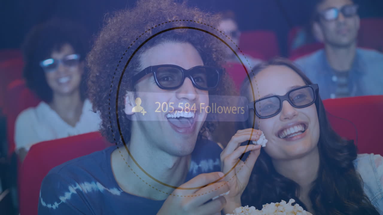 Watching movie in 3D glasses, people with 209,285 followers animation over them