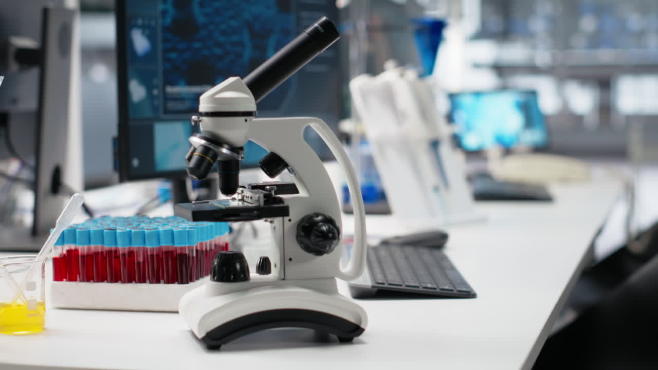 Vertical video Clinical microscope used for sample examination in hospital diagnostic lab