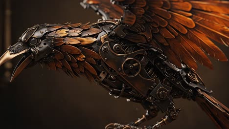 a stunning steampunk robotic raven with intricate metalwork and detailed wooden features in mid-flight showcasing mechanical artistry and innovation