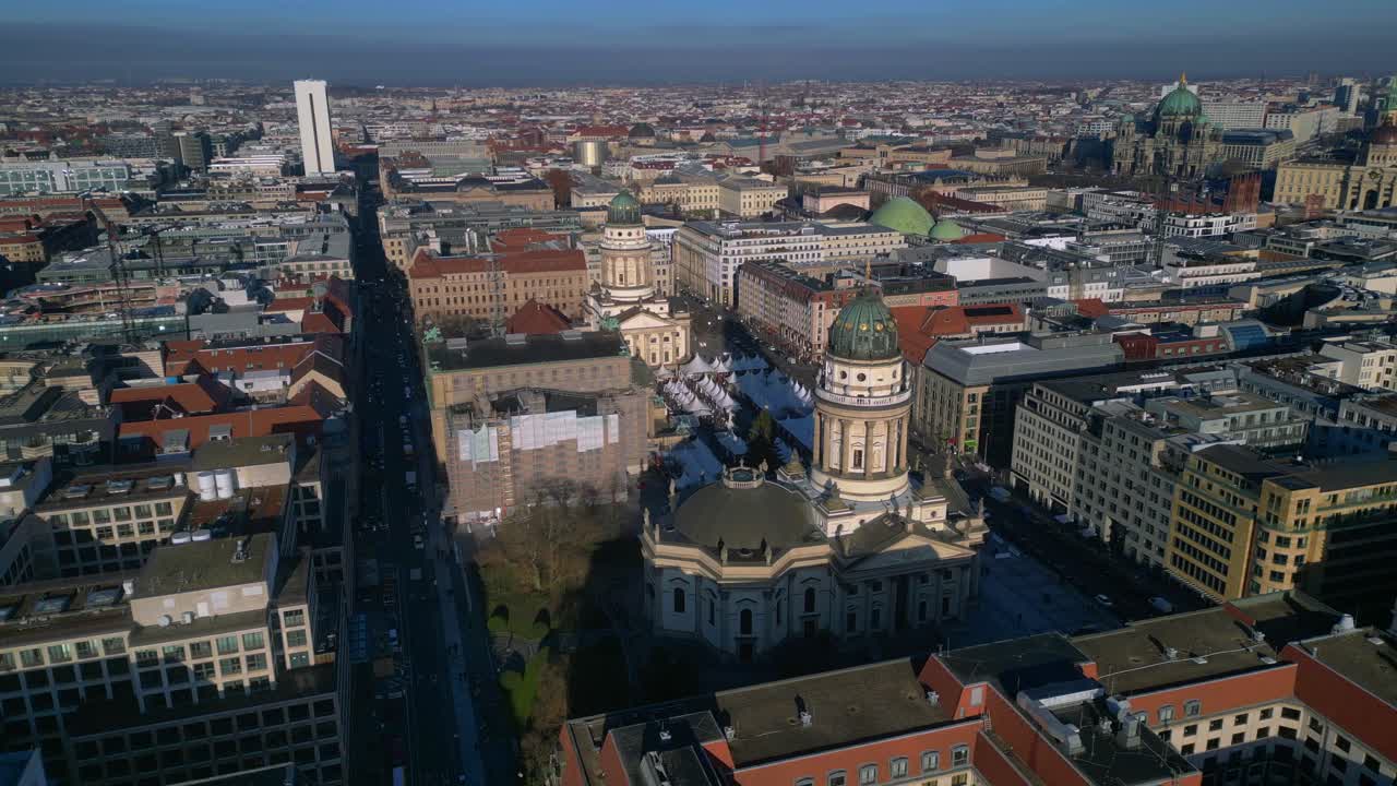 Berlin Gendarmenmarkt aerial view with Christmas market and cityscape. Lovely aerial view static tripod hovering panorama overview drone