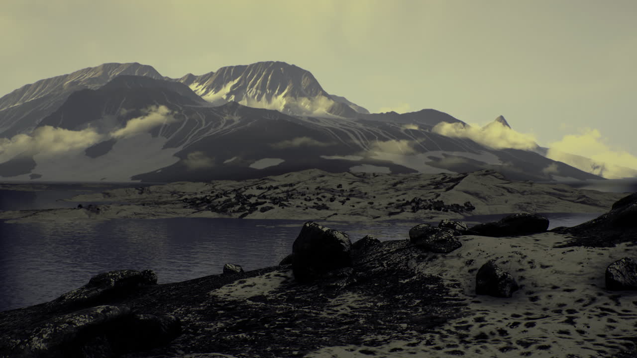 Majestic mountain landscape with serene lake and clouds at twilight